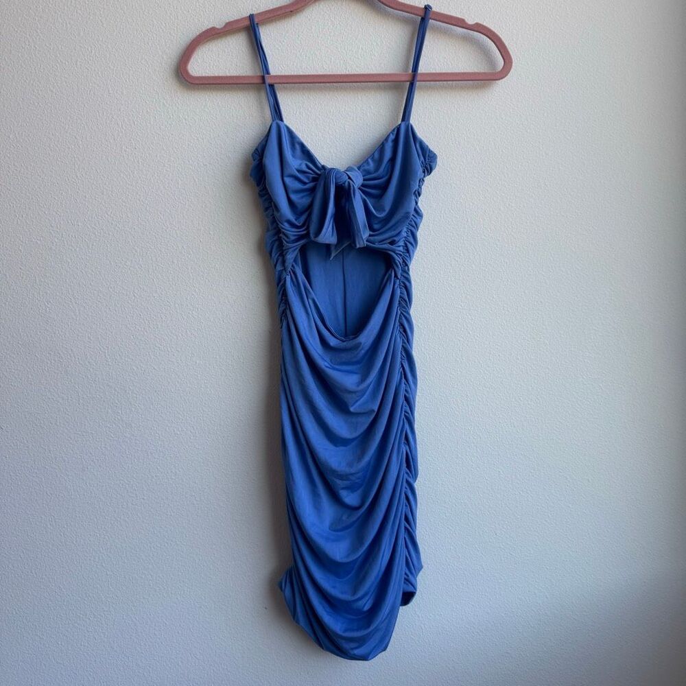 Tiger Mist Mini Dress Small Bodycon Short Ruched Blue Tie Front Party Going Out